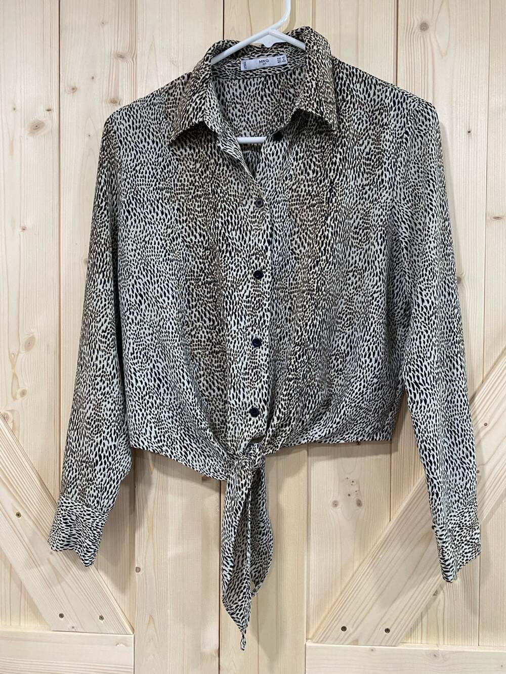 MNG Suit Animal Print Button Down Long Sleeve Tie Front Cropped Shirt XS 2